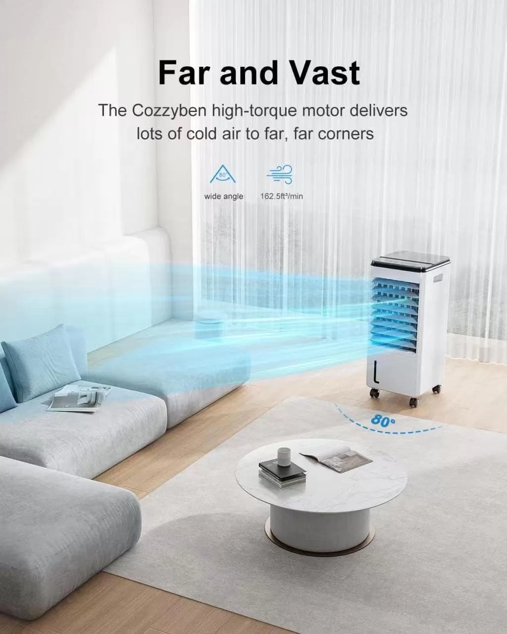 Cozzyben Air Conditioner Portable for Room, 3-IN-1 Evaporative Air Cooler, Windowless Ac Fan for Bedroom Indoor 1.85 Gal Water Tank, 3 Speeds, 80°Oscillation, Remote Control, 1-7H Timer & 4 Ice Pack