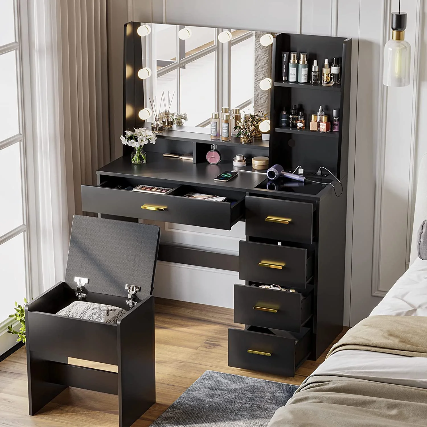 Lowest Prices - Black Vanity Set with Lights & Charging Station & Cushioned Stool, Modern Makeup Vanity Desk Table with Visible Drawers and Open Storage Shelves for Women Girls