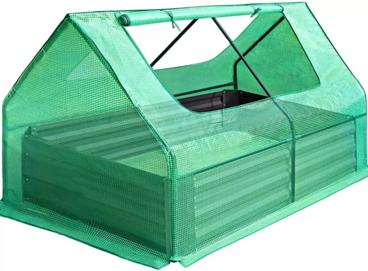 6x3x1ft Galvanized Raised Garden Bed with Cover Metal Planter Box Kit, w/ 2 Large Screen Windows Mini Greenhouse 20pcs T Tags 1 Pair of Gloves Included Outdoor Growing Vegetables