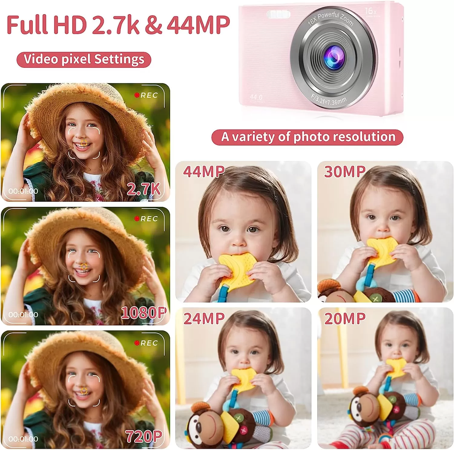 Saneen Digital Camera, FHD 2.7K Cameras for Photography, 44MP Kids Camera Small Compact Digital Camera for Teens, Adults & Beginners with 32GB SD Card, 16X Zoom, Two Rechargeable Batteries-Pink