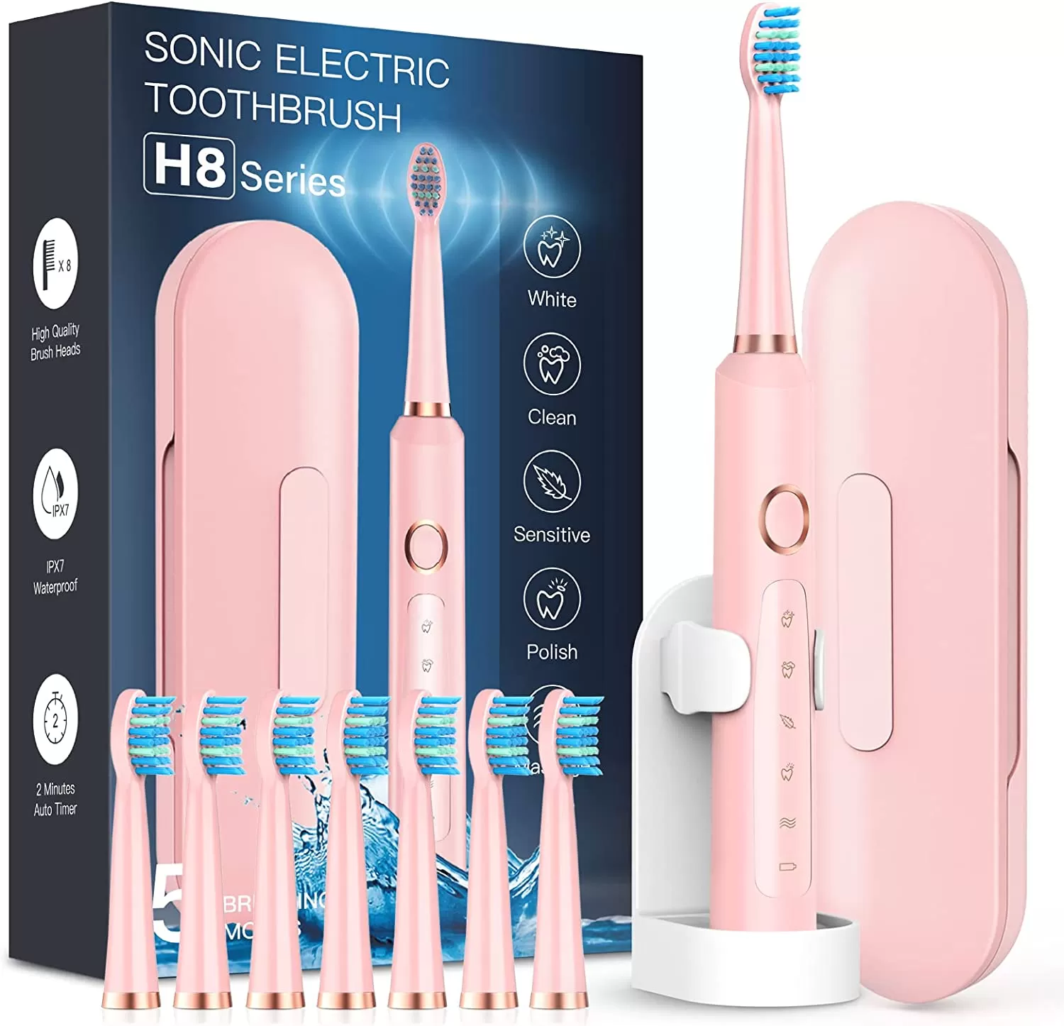 Sonic Electric Toothbrush for Adults - Rechargeable Electric Toothbrushes with 8 Brush Heads, & Travel Case,Teeth Whitening , Power Electric Toothbrush with Holder, Once Charge for 120 Days - H8 Pink