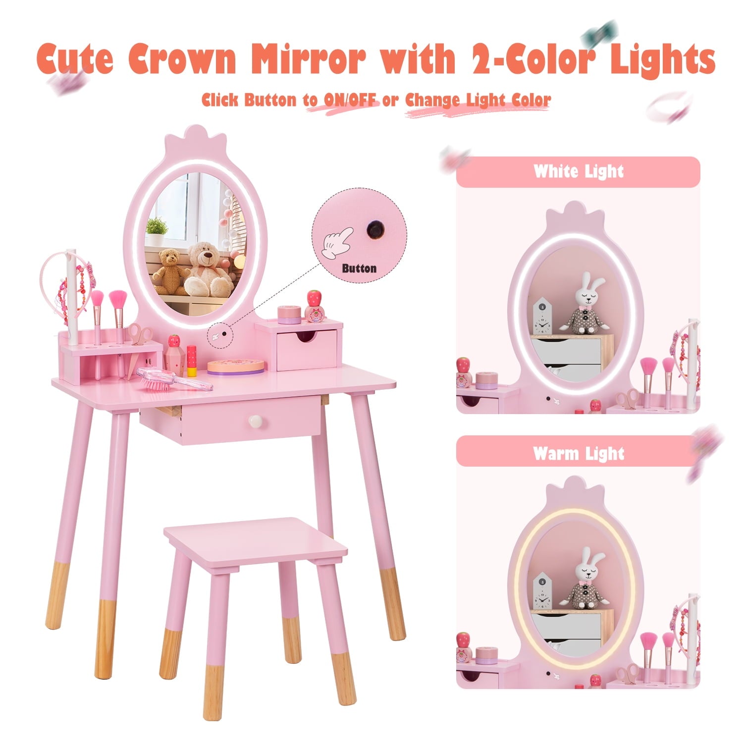 Lowest Prices - BRINJOY Kids Vanity Set with Mirror, Wooden Make Up Beauty&nbsp;Dressing Table with Lights & Stool & Jewelry Rack & Storage Board, Children Princess Vanity Table Pretend Playset for Girls