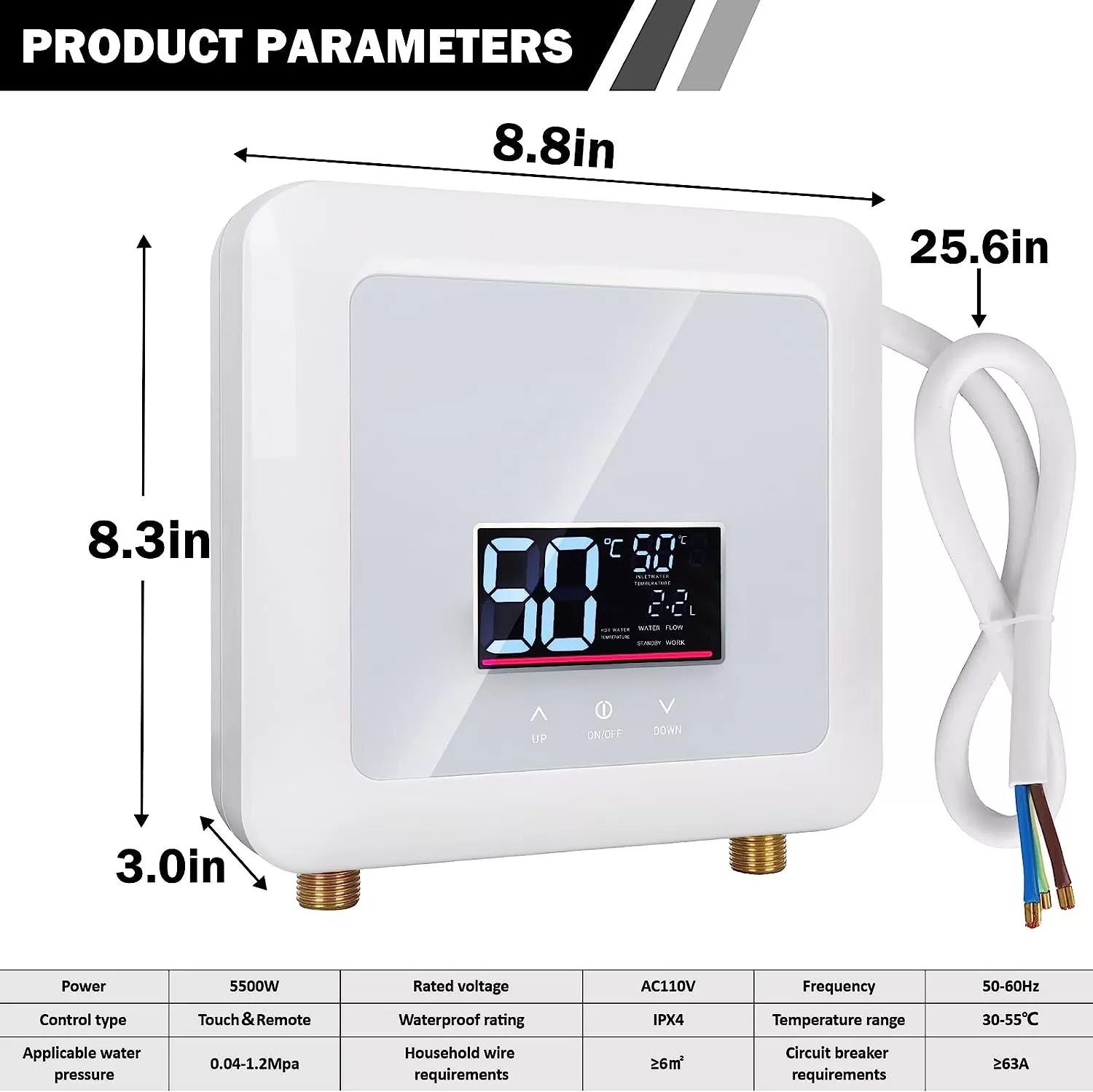 Tankless Water Heater Electric 5500W 110V,Constant Temperature Instant Hot Water Heater with Remote Control Digital Display RV water heater for Home Kitchen Indoor(White)(Can't Use Socket)