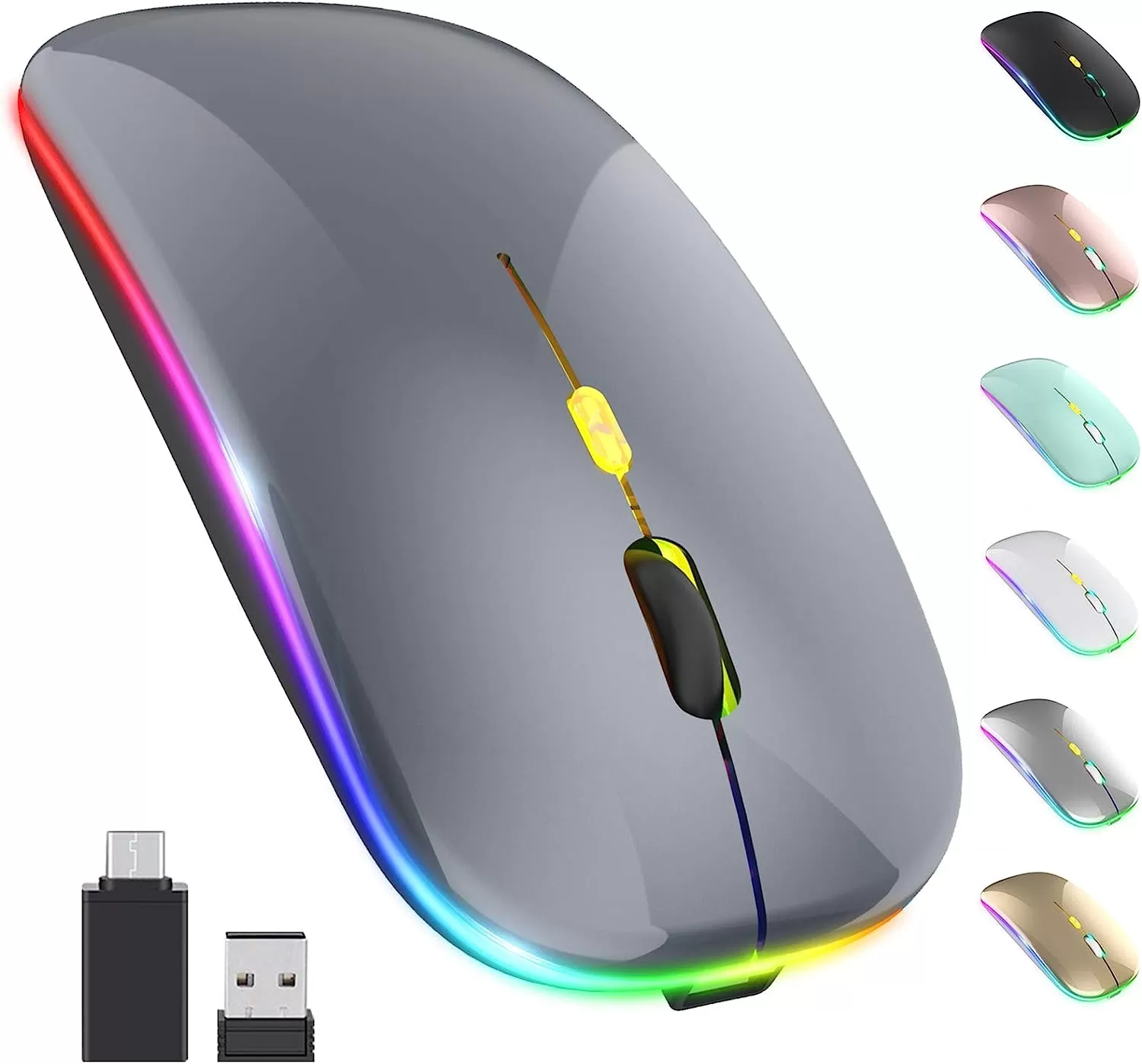 [Upgrade] LED Wireless Mouse, Slim Silent Mouse 2.4G Portable Mobile Optical Office Mouse with USB & Type-c Receiver, 3 Adjustable DPI Levels for Notebook, PC, Laptop, Computer, MacBook (Pink)