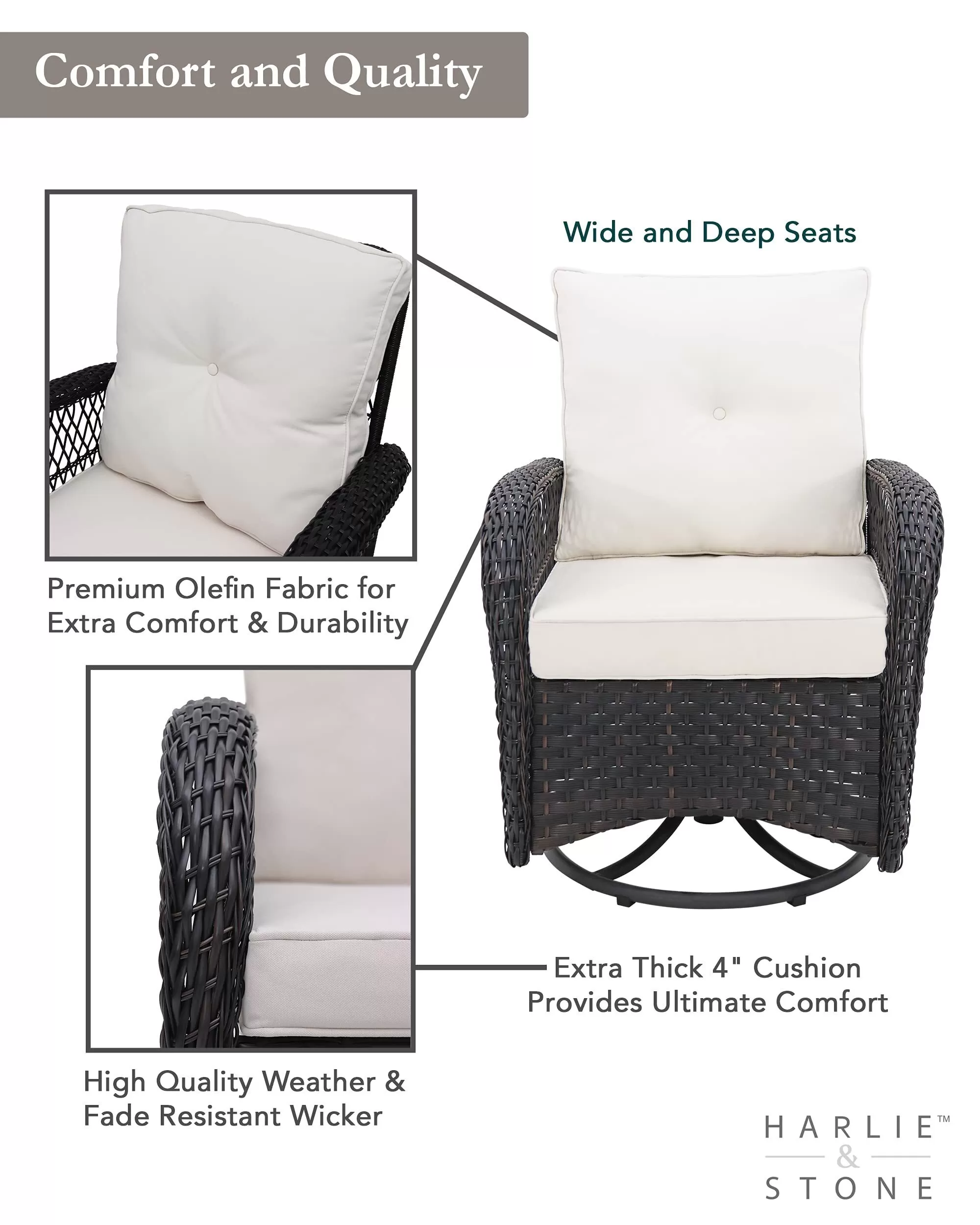 Outdoor Swivel Rocker Patio Chairs Set of 2 and Matching Side Table - 3 Piece Wicker Patio Bistro Set with Premium Fabric Cushions Outdoor Furniture (Dark Wicker Chair Beige Cushion)