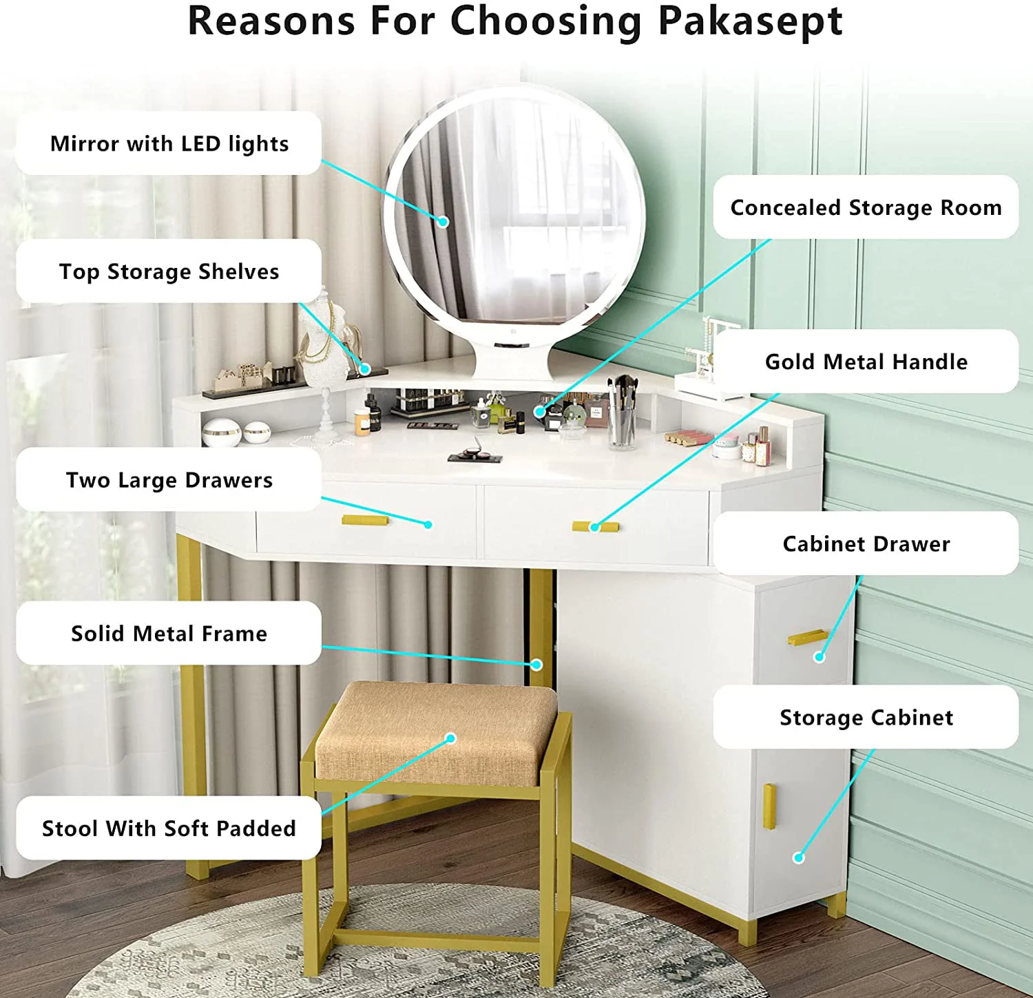 Lowest Prices - Corner Vanity Set with Lighted Mirror, Makeup Vanity Dressing Table with Drawers, Cabinet and Cushioned Stool, Girls Vanity Desk for Bathroom, Bedroom, White by TZUTOGETHER