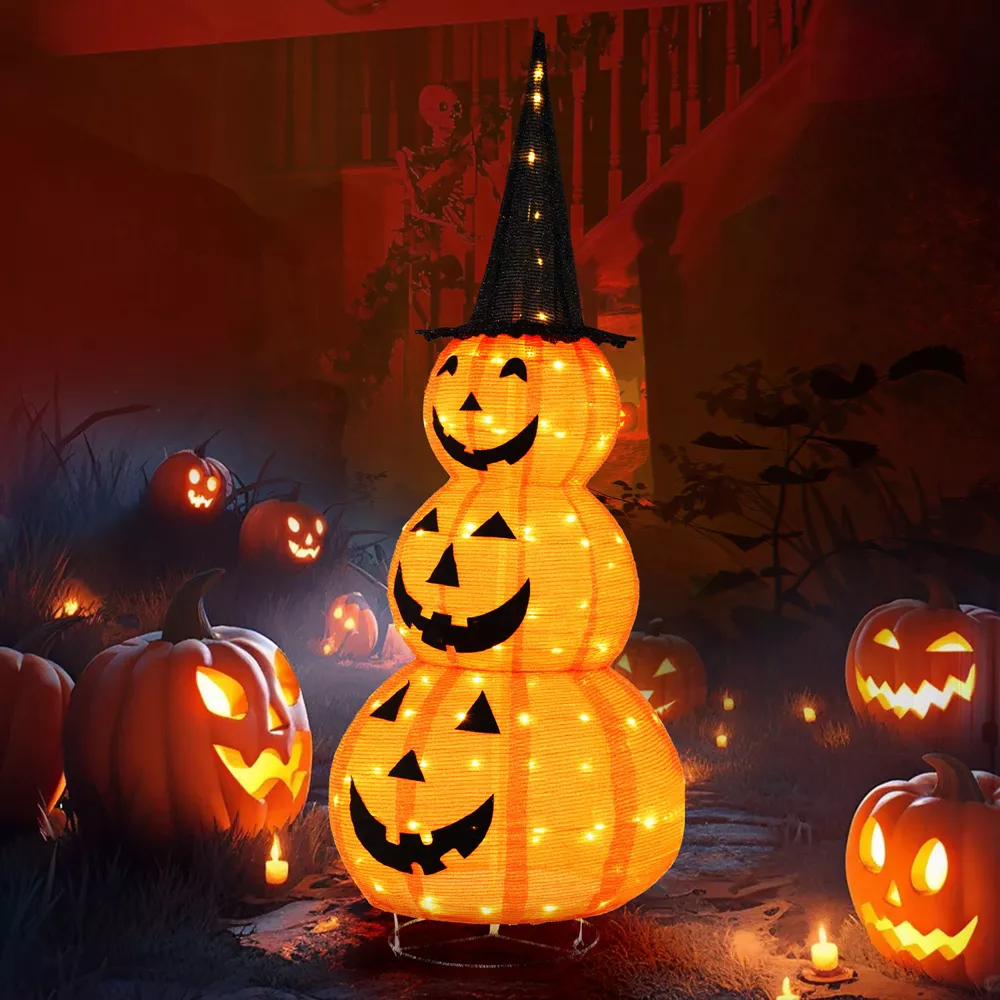 Tangkula Halloween Light Up Pumpkin Decoration Stacked Pumpkins with Witch Hat Build-in LED Lights Pop Up Jack-o-Lantern