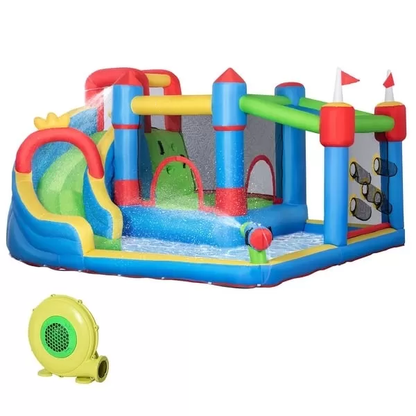 6-in-1 Inflatable Water Slide, Kids Castle Bounce House Includes Slide, Trampoline, Pool, Water Gun, Climbing Wall