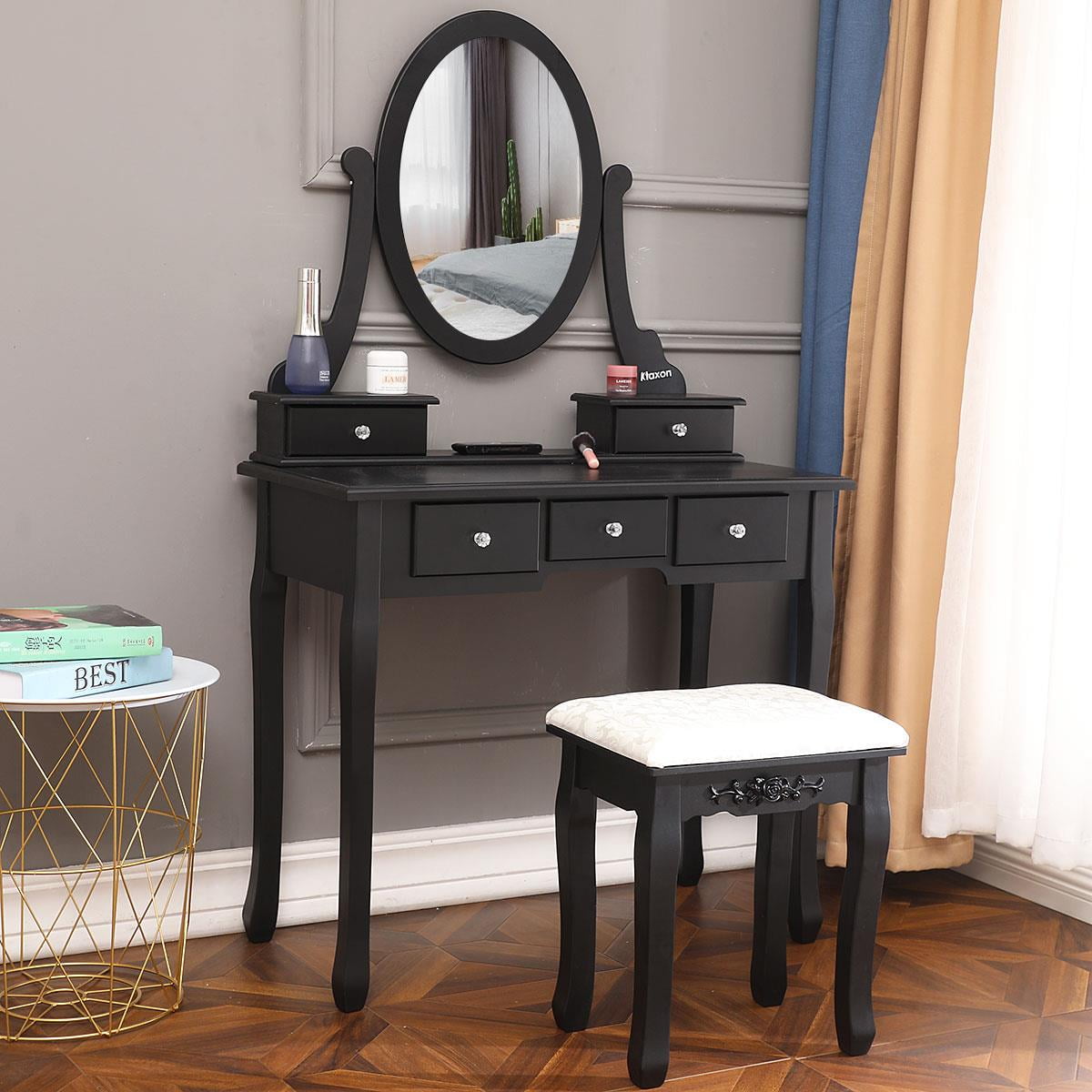 Lowest Prices - Ktaxon Black Vanity Set with Stool,Makeup Table with 5 Drawers & Mirror, Room Dresser