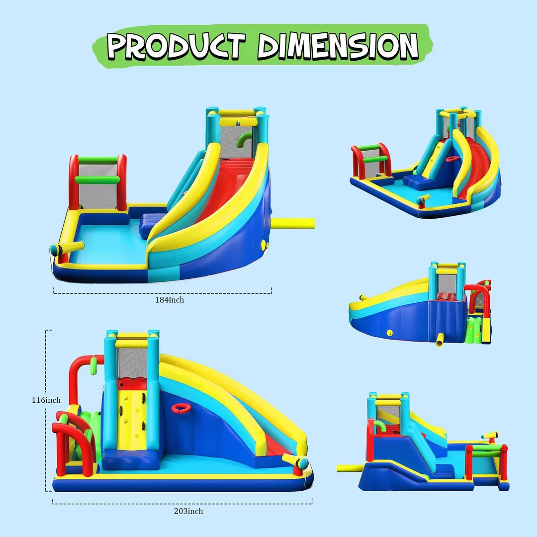 Selling out soon❗❗Kids Outdoor Inflatable Bouncers Water Slide Pool with Long Slide Climbing Wall, Including Stakes (with 450W Air Blower)