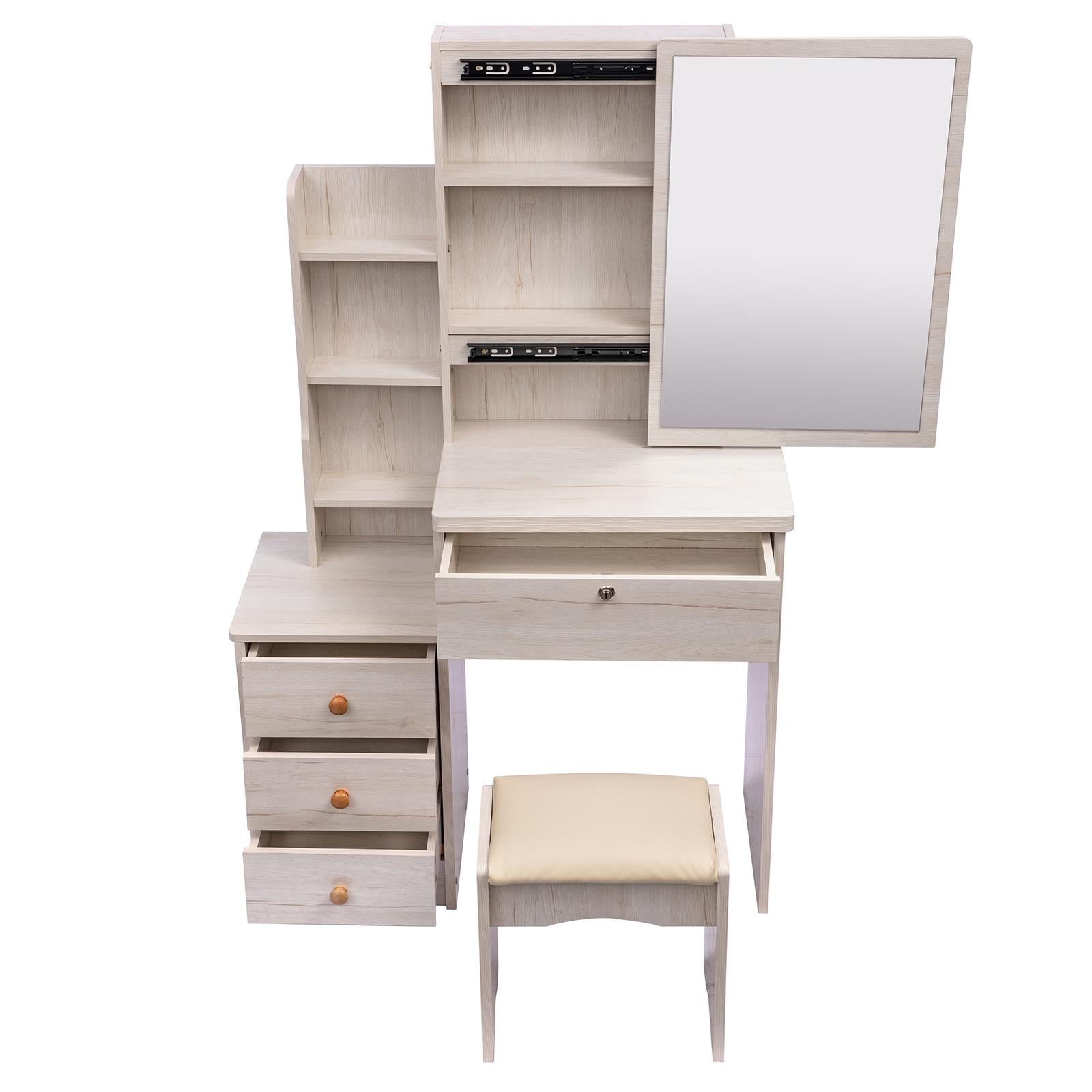 Lowest Prices - UBesGoo Vanity Set with Sliding Mirror, Makeup Vanity Dressing Table with 4 Drawers, Shelves, Dresser Desk and Cushioned Stool Set (White Oak Color)