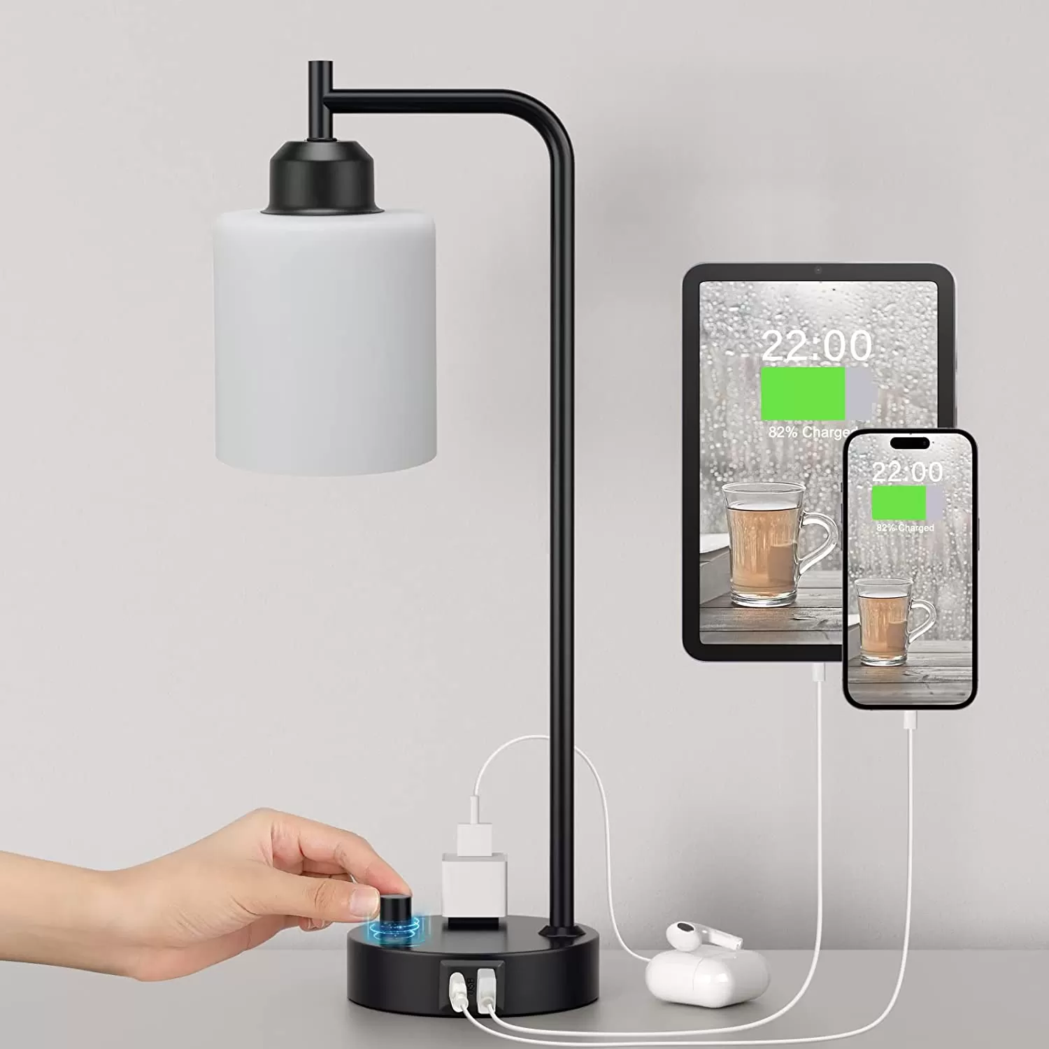 Industrial Bedside Table Lamp for Bedroom - Nightstand Lamps with USB C Charging Port, Fully Dimmable Black Lamps with USB Ports and Outlets, Small Desk Lamp with Glass Shade for Office Living Room